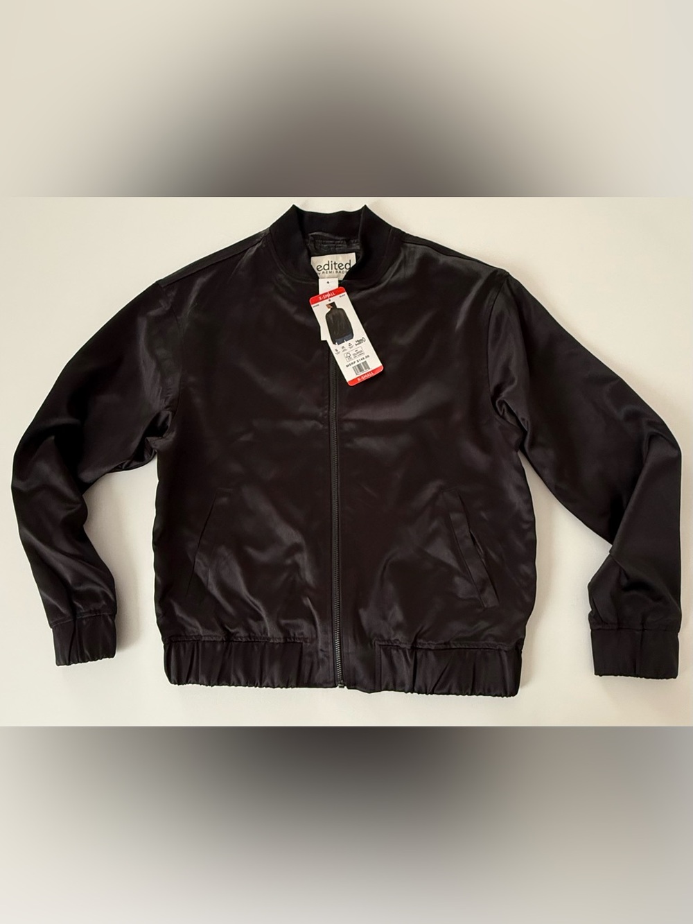 Edited Women's Black Satin Bomber Jacket with Zip Front